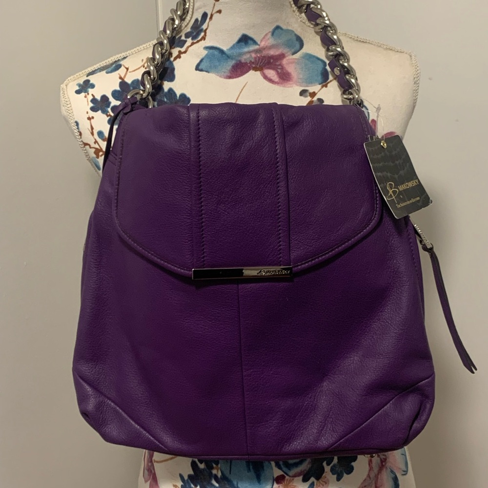 B Makowsky Corey Flap Purple Shoulder Bag Soft Glove Leather Purse A225083